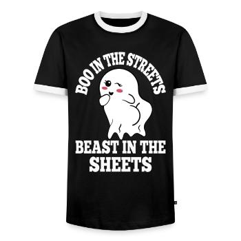 Boo Dans Les Rues Bête Dans Les Draps Ludique - T-shirt contrasté Homme - noir/blanc - Devant - AI Model Female 172 light (172cm) & AI Model Male 178 light (178cm)