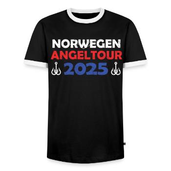 Voyage de pêche en Norvège 2025 Idée cadeau de voyage de pêche - T-shirt contrasté Homme - noir/blanc - Devant - AI Model Female 172 light (172cm) & AI Model Male 178 light (178cm)