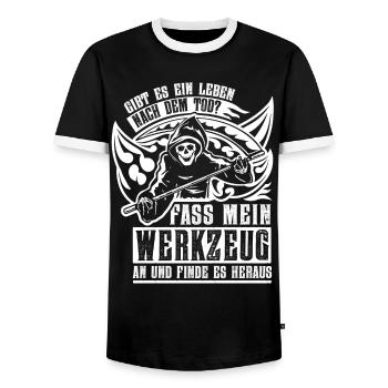 Leben nach Tod Werkzeug - Männer Kontrast-T-Shirt - Schwarz/Weiß - Vorne - AI Model Female 172 light (172cm) & AI Model Male 178 light (178cm)