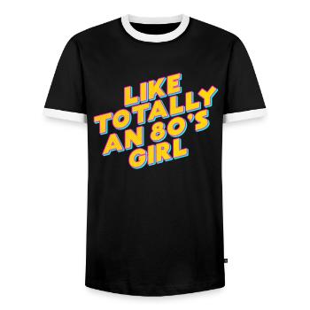 Cool 80s Girl Shirt Retro Nostalgic Eighties Party - Men's Ringer Shirt - black/white - Front - AI Model Female 172 light (172cm) & AI Model Male 178 light (178cm)