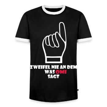 Never doubt what Omi says - Men's Ringer Shirt - black/white - Front - AI Model Female 172 light (172cm) & AI Model Male 178 light (178cm)