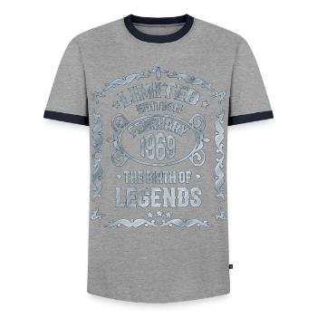 February 1969 Legends Birthday - Men's Ringer Shirt - grey/navy  - Front - AI Model Female 172 light (172cm) & AI Model Male 178 light (178cm)