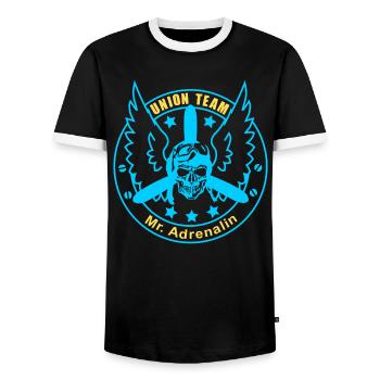 ut mr adrenaline yellow blue - Men's Ringer Shirt - black/white - Front - AI Model Female 172 light (172cm) & AI Model Male 178 light (178cm)