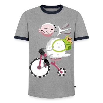 Cute sheep with bike - Men's Ringer Shirt - grey/navy  - Front - AI Model Female 172 light (172cm) & AI Model Male 178 light (178cm)
