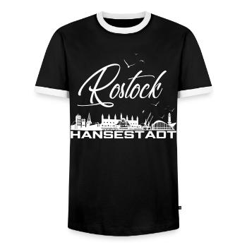 Rostock Hanseatic City - Rostock Silhouette with Seagulls - Men's Ringer Shirt - black/white - Front - AI Model Female 172 light (172cm) & AI Model Male 178 light (178cm)