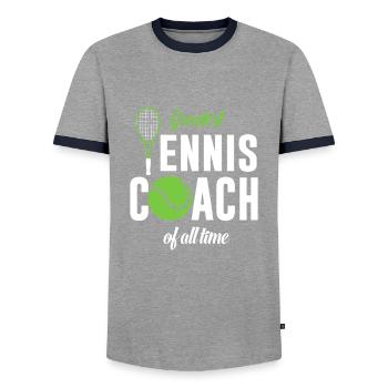 Largest tennis coach ever - Men's Ringer Shirt - grey/navy  - Front - AI Model Female 172 light (172cm) & AI Model Male 178 light (178cm)
