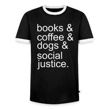 Livre Café Chien et justice sociale - T-shirt contrasté Homme - noir/blanc - Devant - AI Model Female 172 light (172cm) & AI Model Male 178 light (178cm)