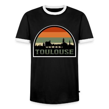 Toulouse France Skyline French Travel Souvenir - Men's Ringer Shirt - black/white - Front - AI Model Female 172 light (172cm) & AI Model Male 178 light (178cm)