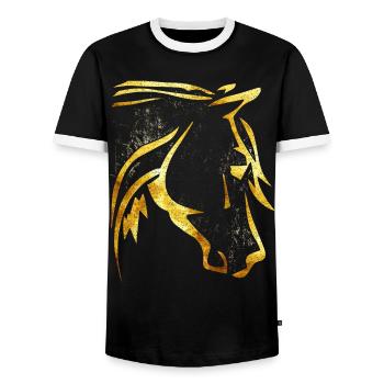 Équitation - Cavalier - Tête de cheval - Cheval d’or - T-shirt contrasté Homme - noir/blanc - Devant - AI Model Female 172 light (172cm) & AI Model Male 178 light (178cm)