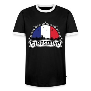 Strasburg France Skyline Travel Souvenir French - Men's Ringer Shirt - black/white - Front - AI Model Female 172 light (172cm) & AI Model Male 178 light (178cm)