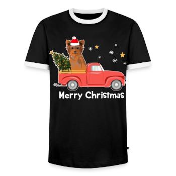 Yorkie Christmas Tree Pickup Truck - Men's Ringer Shirt - black/white - Front - AI Model Female 172 light (172cm) & AI Model Male 178 light (178cm)
