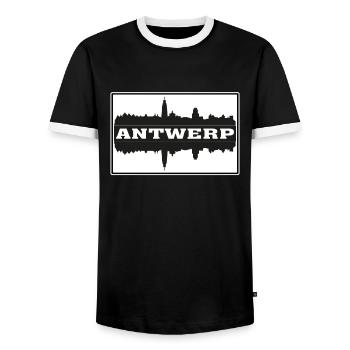 Antwerp Belgium Travel Souvenir Skyline Silhouette - Men's Ringer Shirt - black/white - Front - AI Model Female 172 light (172cm) & AI Model Male 178 light (178cm)