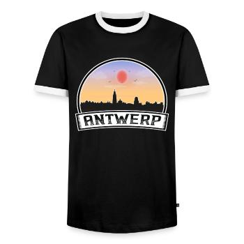 Antwerp Belgium Skyline Vintage Sunset Travel Souv - Men's Ringer Shirt - black/white - Front - AI Model Female 172 light (172cm) & AI Model Male 178 light (178cm)
