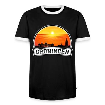 Groningen Netherlands Skyline Vintage Sunset Trave - Men's Ringer Shirt - black/white - Front - AI Model Female 172 light (172cm) & AI Model Male 178 light (178cm)