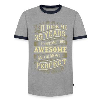 35. Geburtstag - Männer Kontrast-T-Shirt - Grau/Navy  - Vorne - AI Model Female 172 light (172cm) & AI Model Male 178 light (178cm)