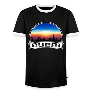 Dubai Uae Skyline Vintage Sunset Travel Souvenir - Men's Ringer Shirt - black/white - Front - AI Model Female 172 light (172cm) & AI Model Male 178 light (178cm)