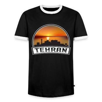 Tehran Iran Skyline Vintage Sunset Travel Souvenir - Men's Ringer Shirt - black/white - Front - AI Model Female 172 light (172cm) & AI Model Male 178 light (178cm)