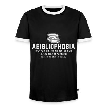 Abibliophobie Lesen Bücherwurm Leser - Männer Kontrast-T-Shirt - Schwarz/Weiß - Vorne - AI Model Female 172 light (172cm) & AI Model Male 178 light (178cm)