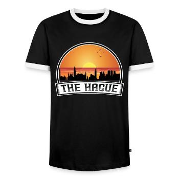 The Hague Netherlands Skyline Vintage Sunset Trave - Men's Ringer Shirt - black/white - Front - AI Model Female 172 light (172cm) & AI Model Male 178 light (178cm)