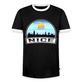 Nice France Skyline Vintage Sunset Travel Souvenir - Men's Ringer Shirt - black/white - Front - AI Model Female 172 light (172cm) & AI Model Male 178 light (178cm)