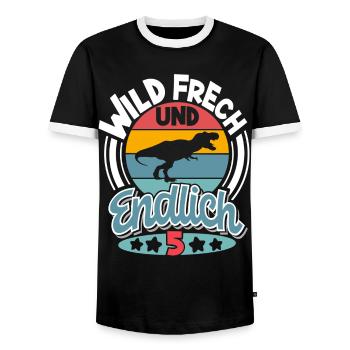 5 Jahre 5. Geburtstag Dino Dinosaurier - Männer Kontrast-T-Shirt - Schwarz/Weiß - Vorne - AI Model Female 172 light (172cm) & AI Model Male 178 light (178cm)