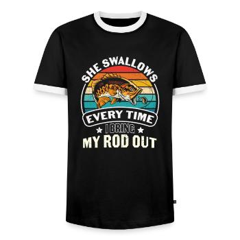 Fishing Quote Fishing She Swallows Every Time - Men's Ringer Shirt - black/white - Front - AI Model Female 172 light (172cm) & AI Model Male 178 light (178cm)