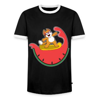 Katze Surfen Surfbrett Sommer - Männer Kontrast-T-Shirt - Schwarz/Weiß - Vorne - AI Model Female 172 light (172cm) & AI Model Male 178 light (178cm)