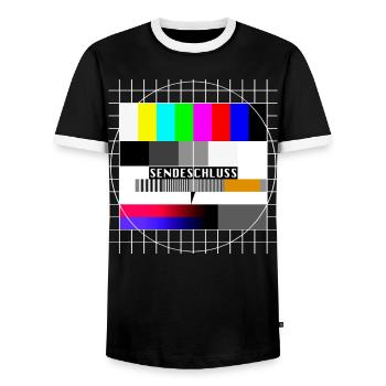 Testbild Sendeschluss 80er 90er Jahre Party Kostüm - Männer Kontrast-T-Shirt - Schwarz/Weiß - Vorne - AI Model Female 172 light (172cm) & AI Model Male 178 light (178cm)
