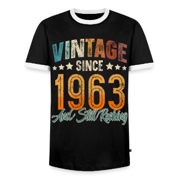 1963 Year of birth Birthday Year of construction Vintage - Men's Ringer Shirt - black/white - Front - AI Model Female 172 light (172cm) & AI Model Male 178 light (178cm)