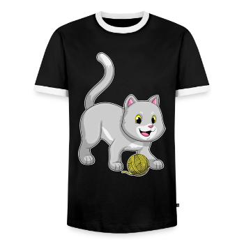 Cat Yarn Ball - Men's Ringer Shirt - black/white - Front - AI Model Female 172 light (172cm) & AI Model Male 178 light (178cm)