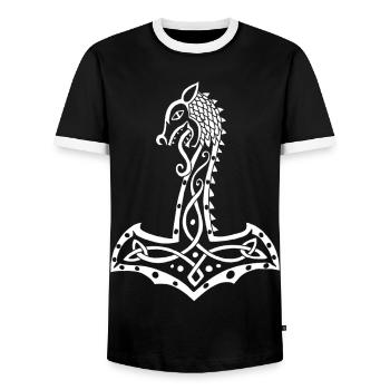 White Wolf and Thor's Hammer - Men's Ringer Shirt - black/white - Front - AI Model Female 172 light (172cm) & AI Model Male 178 light (178cm)