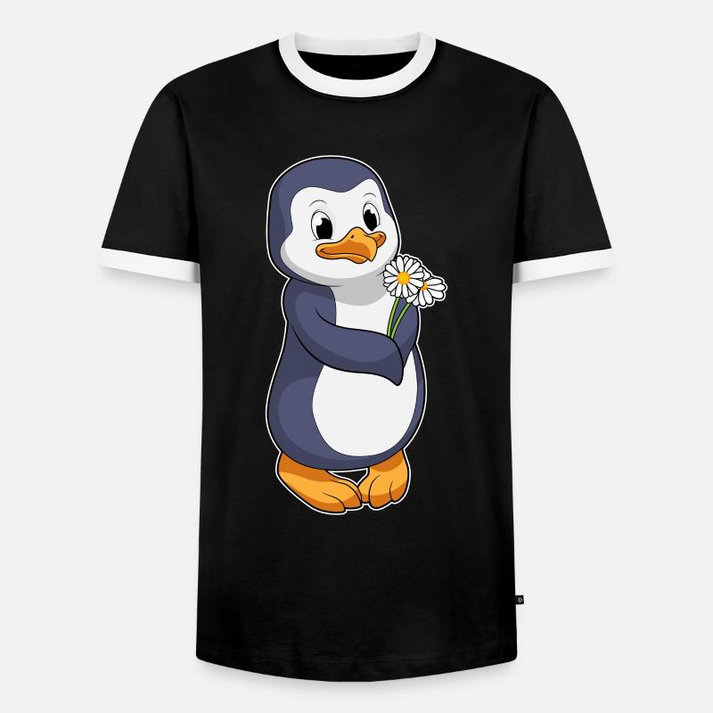 Pinguin mit Gänseblümchen - Männer Kontrast-T-Shirt - Schwarz/Weiß
