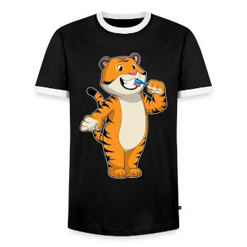 Tiger Toothbrush - Men's Ringer Shirt - black/white - Front - AI Model Female 172 light (172cm) & AI Model Male 178 light (178cm)