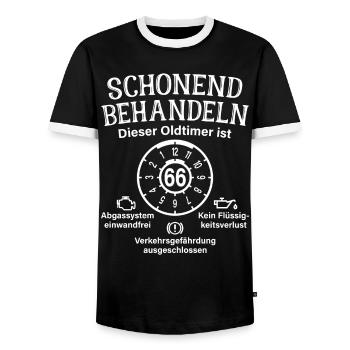66. Geburtstag Schonend Behandeln Oldtimer Ist 66 - Männer Kontrast-T-Shirt - Schwarz/Weiß - Vorne - AI Model Female 172 light (172cm) & AI Model Male 178 light (178cm)