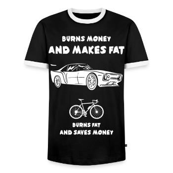 La voiture brûle de l’argent et fait grossir - T-shirt contrasté Homme - noir/blanc - Devant - AI Model Female 172 light (172cm) & AI Model Male 178 light (178cm)