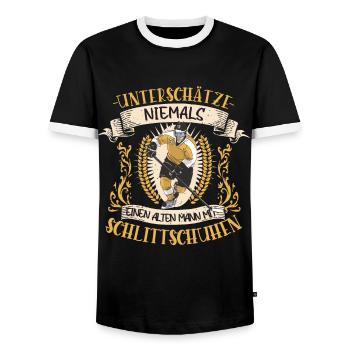 Eishockey Eishockeyspieler Schlittschuhe Geschenk - Männer Kontrast-T-Shirt - Schwarz/Weiß - Vorne - AI Model Female 172 light (172cm) & AI Model Male 178 light (178cm)