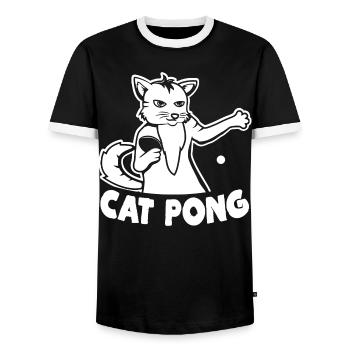 Table tennis cat - Men's Ringer Shirt - black/white - Front - AI Model Female 172 light (172cm) & AI Model Male 178 light (178cm)