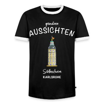 Karlsruhe, historic castle tower - Men's Ringer Shirt - black/white - Front - AI Model Female 172 light (172cm) & AI Model Male 178 light (178cm)