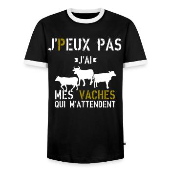 J Peux Pas J ai mes vaches qui m attendent - T-shirt contrasté Homme - noir/blanc - Devant - AI Model Female 172 light (172cm) & AI Model Male 178 light (178cm)