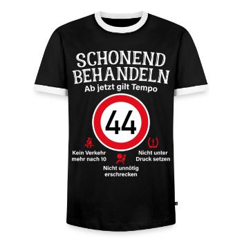 44. Geburtstag Schonend Behandeln 44 Tempolimit 44 - Männer Kontrast-T-Shirt - Schwarz/Weiß - Vorne - AI Model Female 172 light (172cm) & AI Model Male 178 light (178cm)