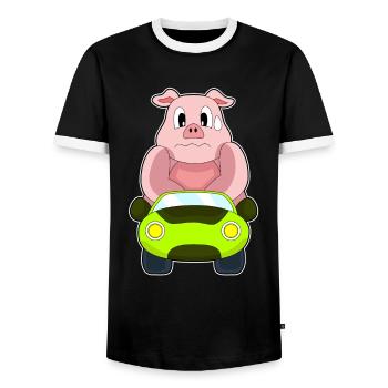 Pig Car - Men's Ringer Shirt - black/white - Front - AI Model Female 172 light (172cm) & AI Model Male 178 light (178cm)