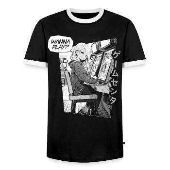 Arcade Anime Girl in Gaming Center "want to play?" - Men's Ringer Shirt - black/white - Front - AI Model Female 172 light (172cm) & AI Model Male 178 light (178cm)