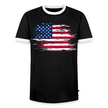 USA Flagge used - Männer Kontrast-T-Shirt - Schwarz/Weiß - Vorne - AI Model Female 172 light (172cm) & AI Model Male 178 light (178cm)