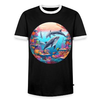 Underwater dolphin world in the reef - Men's Ringer Shirt - black/white - Front - AI Model Female 172 light (172cm) & AI Model Male 178 light (178cm)