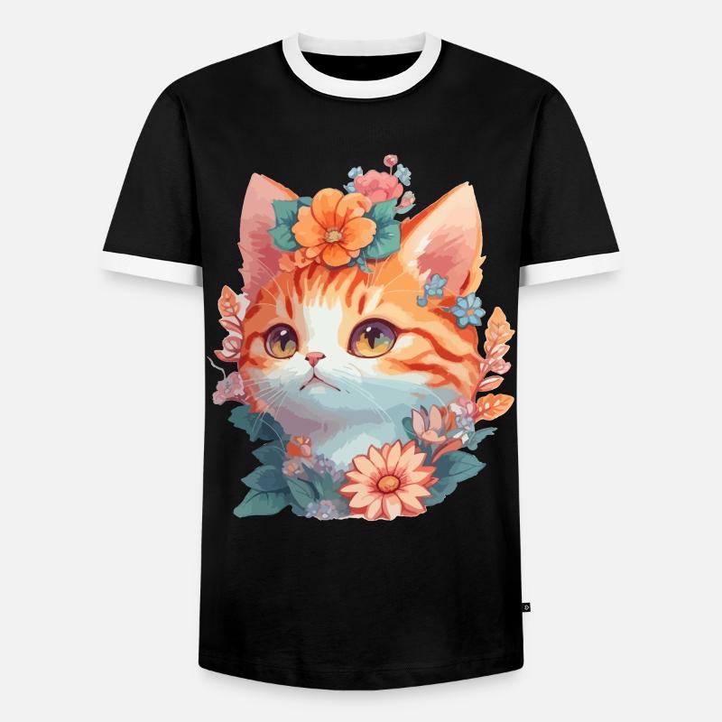 Rote Katze mit Blumen - Männer Kontrast-T-Shirt - Schwarz/Weiß