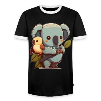 Koala und kleiner Vogel bereit für ein Abenteuer - Männer Kontrast-T-Shirt - Schwarz/Weiß - Vorne - AI Model Female 172 light (172cm) & AI Model Male 178 light (178cm)