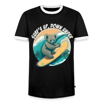 Down under surfing koala bear - Men's Ringer Shirt - black/white - Front - AI Model Female 172 light (172cm) & AI Model Male 178 light (178cm)