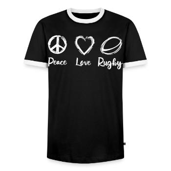 Frieden Liebe Rugby - Männer Kontrast-T-Shirt - Schwarz/Weiß - Vorne - AI Model Female 172 light (172cm) & AI Model Male 178 light (178cm)