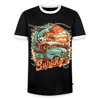 Surfeur et animal fantastique dans le bus lors d’un voyage de surf - T-shirt contrasté Homme - noir/blanc - Devant - AI Model Female 172 light (172cm) & AI Model Male 178 light (178cm)