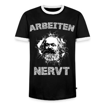 Lustiges T-Shirt: Arbeiten Nervt Arbeitszeitbetrug - Männer Kontrast-T-Shirt - Schwarz/Weiß - Vorne - AI Model Female 172 light (172cm) & AI Model Male 178 light (178cm)